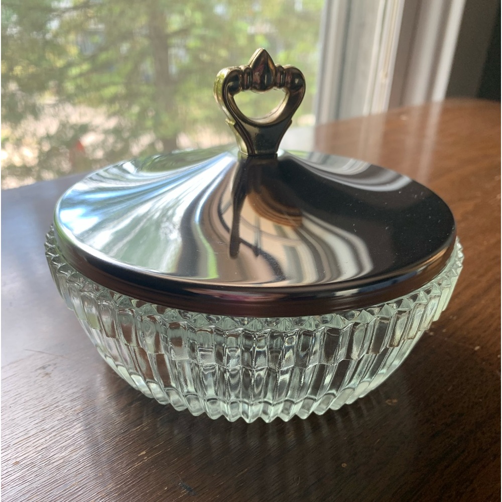 Glass candy dish with silver lid